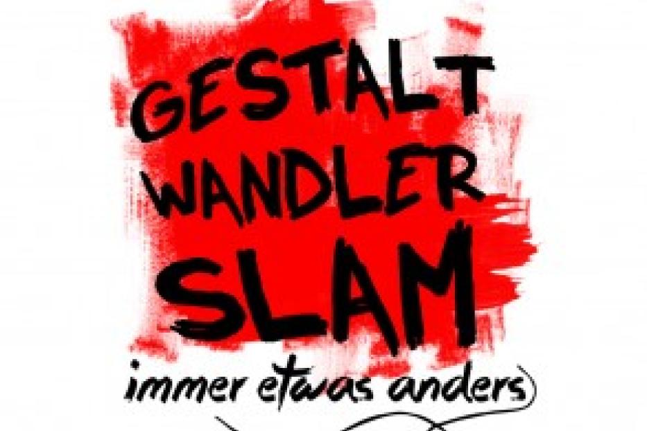 Das Logo des „Gestaltwandler Slam“ vor einem roten Hintergrund.