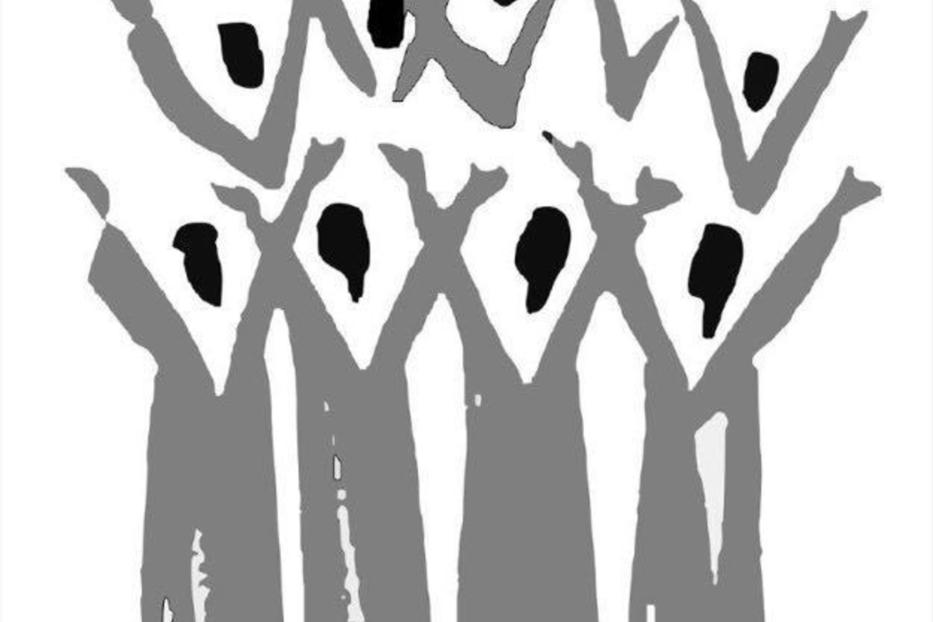 Eine stilisierte Darstellung eines Chors mit erhobenen Händen und dem Schriftzug „SING im CHOR“.