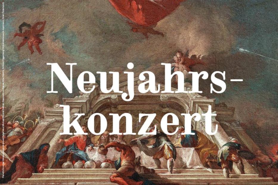 Gemälde mit dem Schriftzug „Neujahrskonzert“ vor einer barocken Szene.