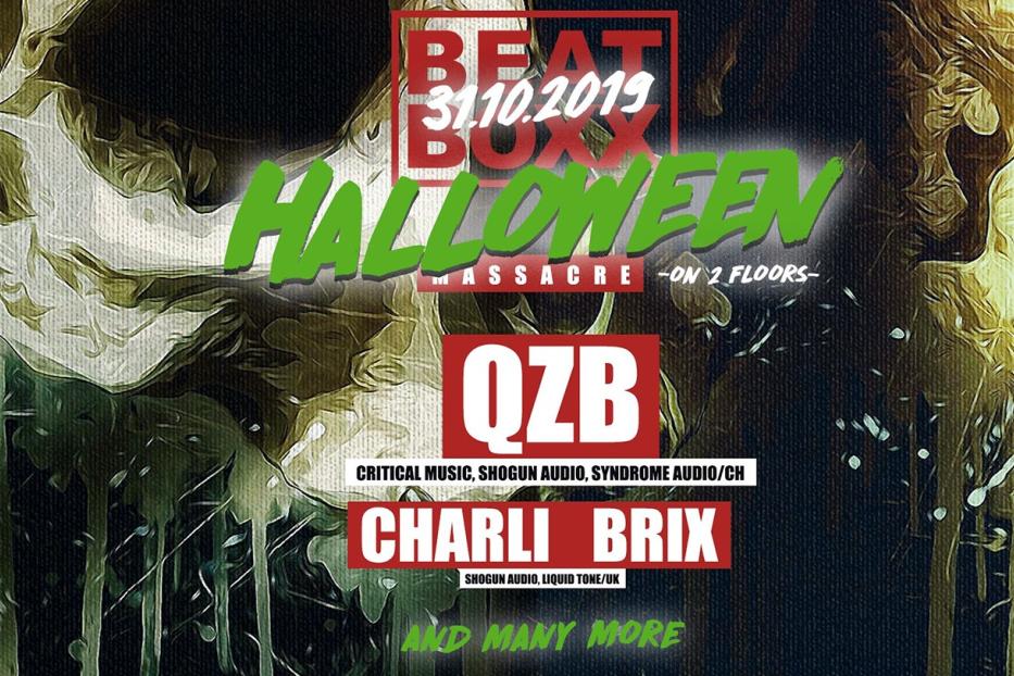 Werbeplakat für die „Beatboxx Halloween Massacre“-Party mit QZB und Charli Brix.