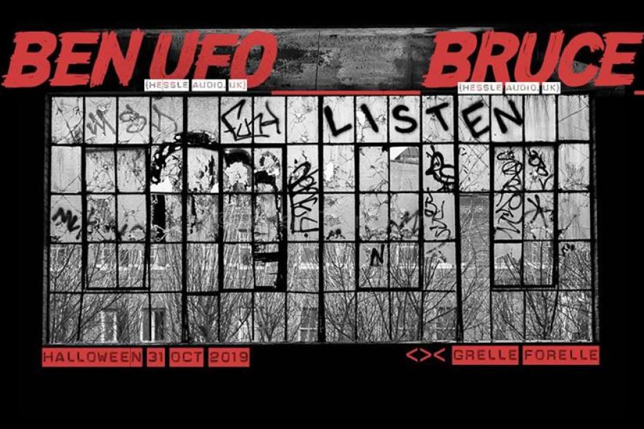 Werbeplakat für eine Halloween-Veranstaltung mit Ben UFO und Bruce in der Grelle Forelle am 31. Oktober 2019.