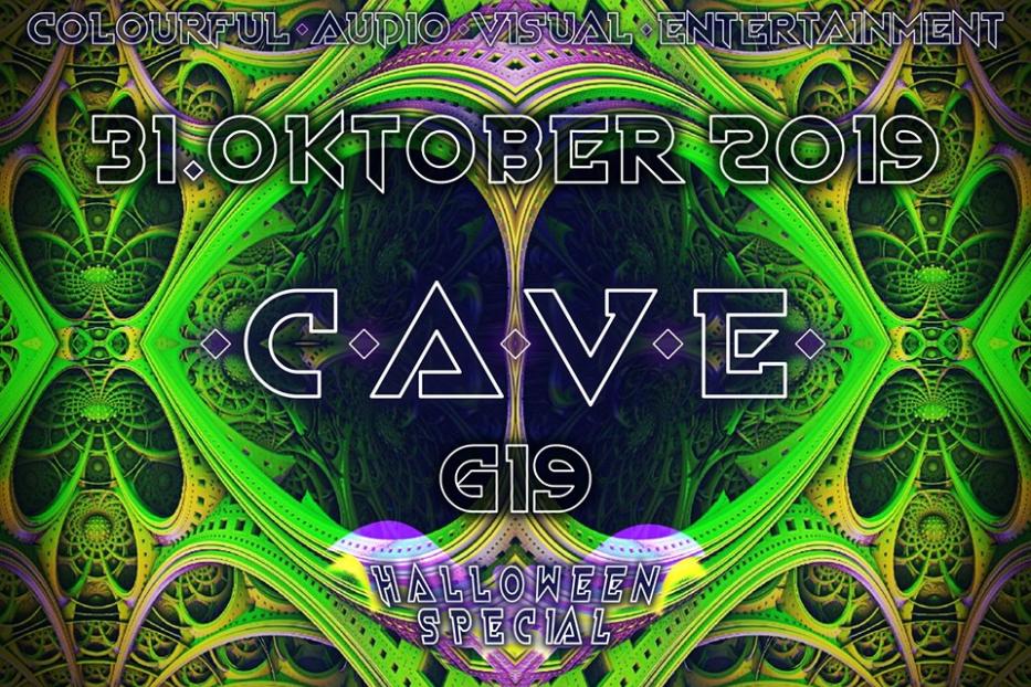 Ein psychedelisches Veranstaltungsplakat für eine „Cave G19 Halloween Special“-Party am 31. Oktober 2019.