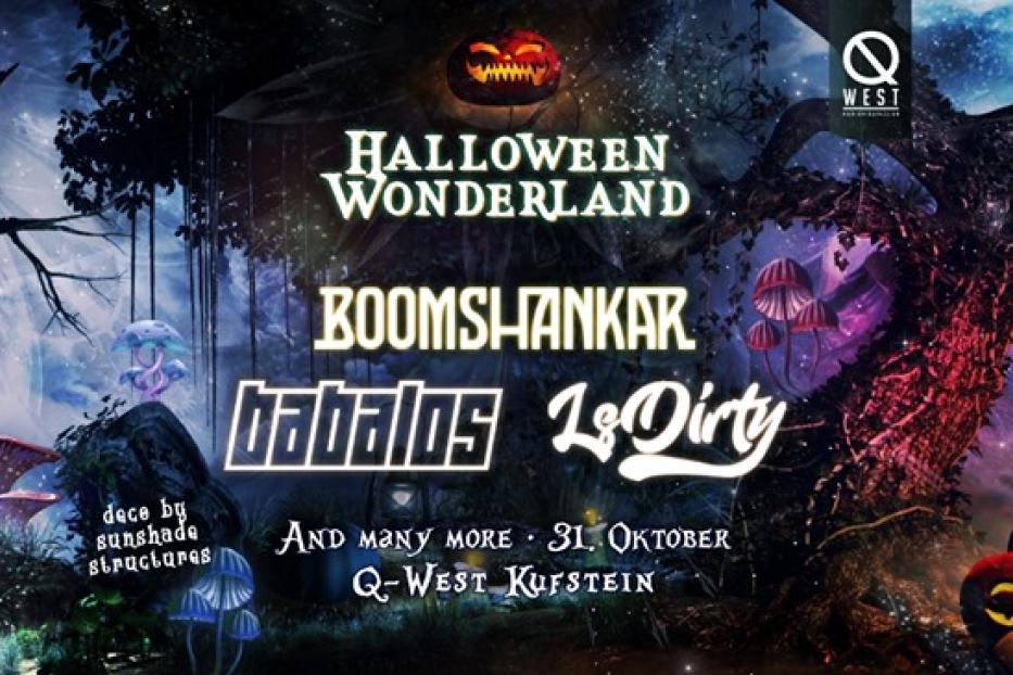 Ein Halloween-Eventplakat mit Kürbissen, Pilzen und dem Schriftzug „Halloween Wonderland“.