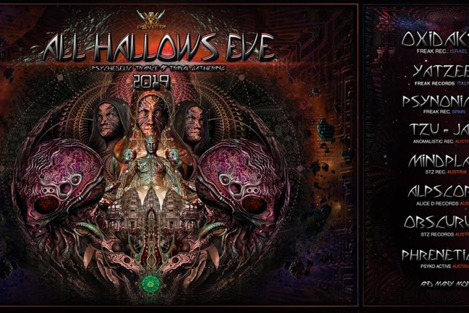 Ein psychedelisches All Hallows Eve-Festivalplakat für 2019 mit verschiedenen DJs.