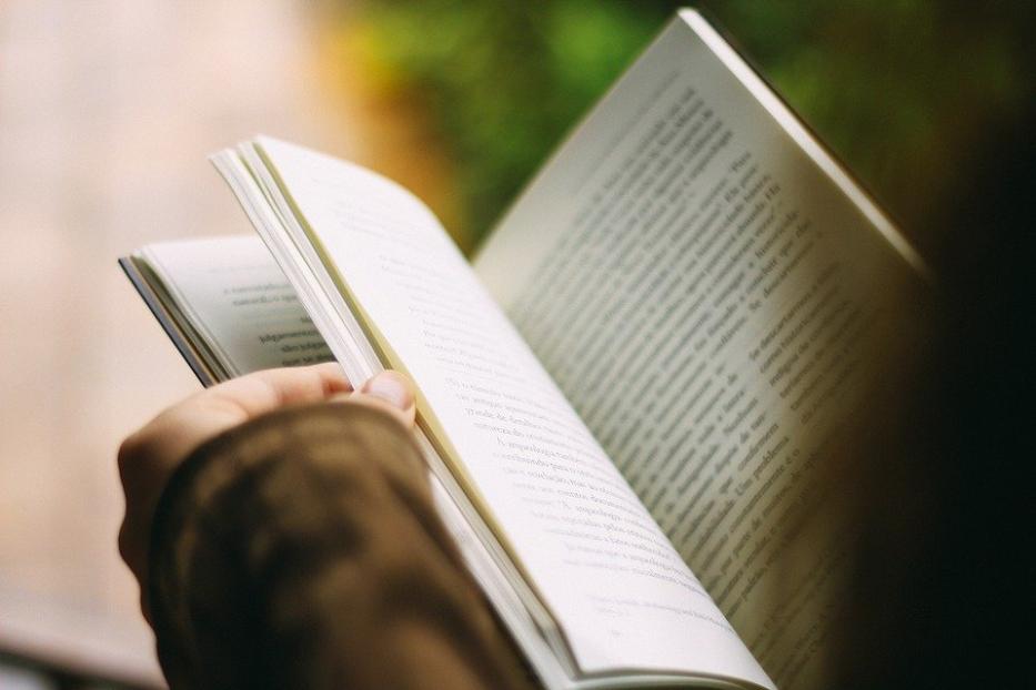 Eine Person liest ein aufgeschlagenes Buch.