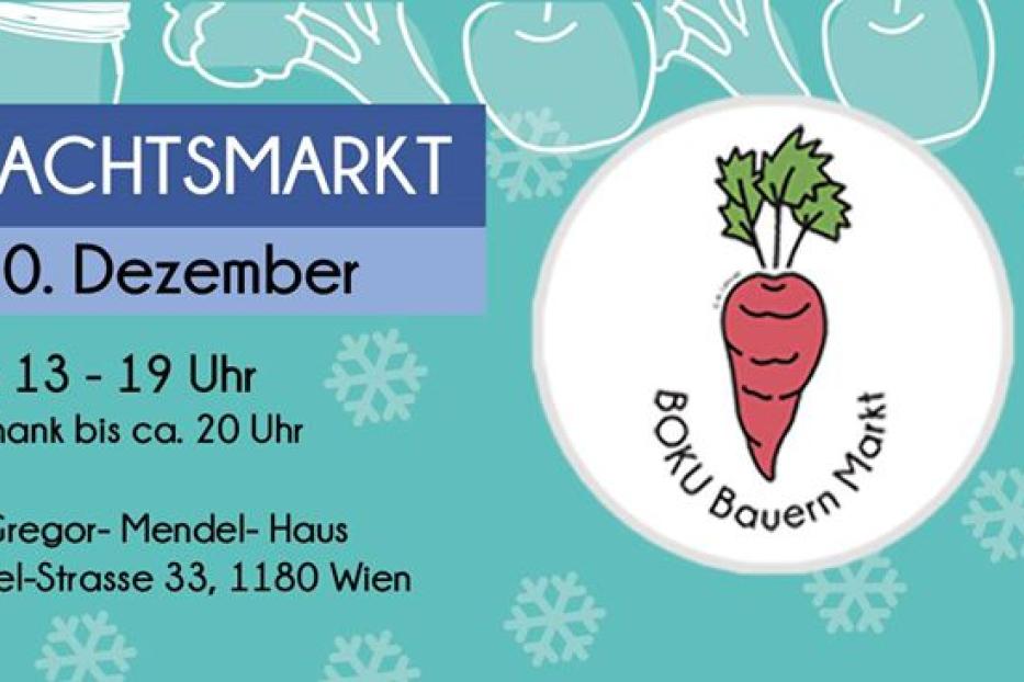 Ankündigung für einen Weihnachtsmarkt des BOKU Bauernmarkts am 10. Dezember mit Live-Musik von Kassia und Giulia y la Leona.