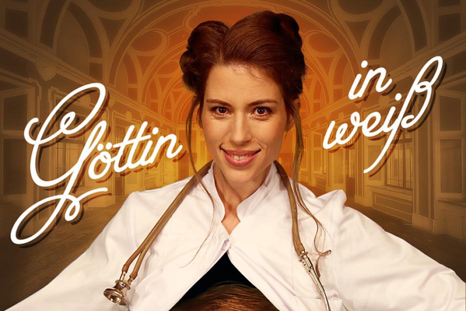 Das Poster für das Theaterstück „Göttin in Weiß“ zeigt eine Ärztin und drei weitere Schauspieler.