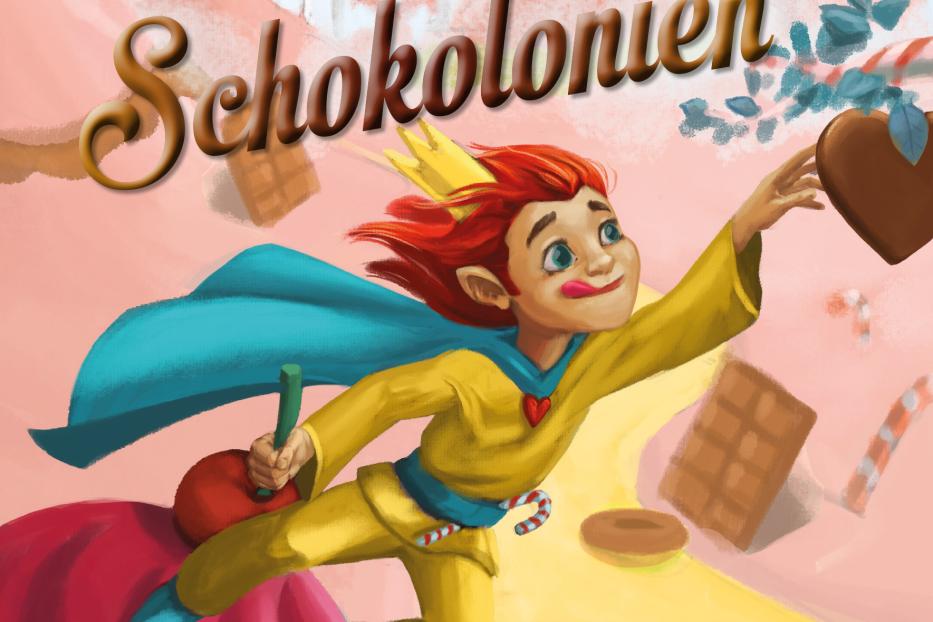 Das Cover des Buches „Finn König von Schokolonien“ von Anna Hnilicka zeigt einen fliegenden Jungen in einer Fantasiewelt.