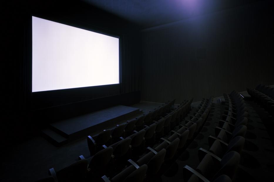 Ein leerer Kinosaal mit Reihen von Sitzen vor einer großen, leeren Leinwand.