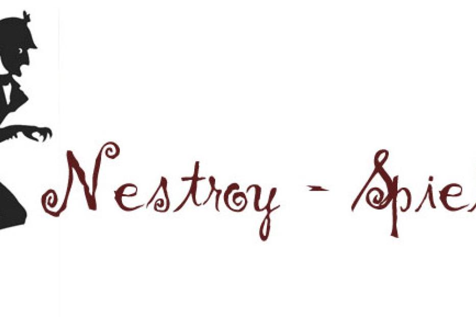 Silhouette eines Mannes mit Hut neben dem Schriftzug „Nestroy-Spiele“.