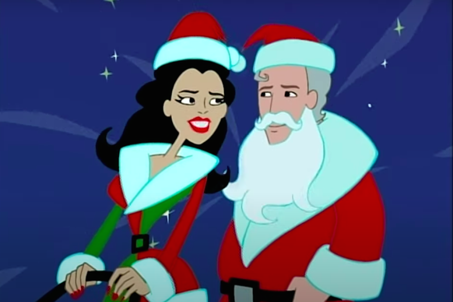 Eine Frau im Weihnachtskostüm und ein Weihnachtsmann vor einem dunklen Hintergrund mit Sternen.