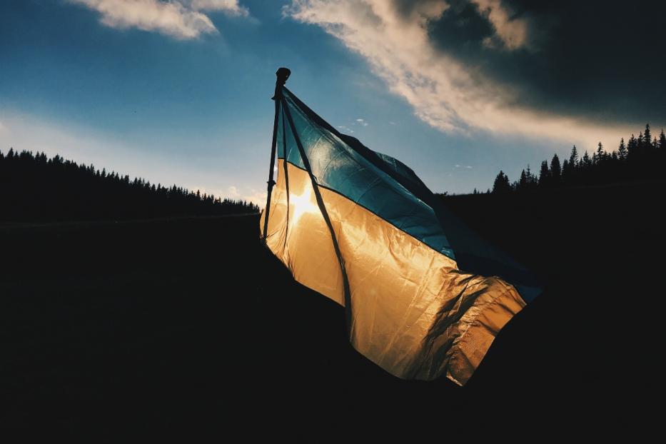 Die ukrainische Flagge weht vor einer Waldkulisse im Gegenlicht.