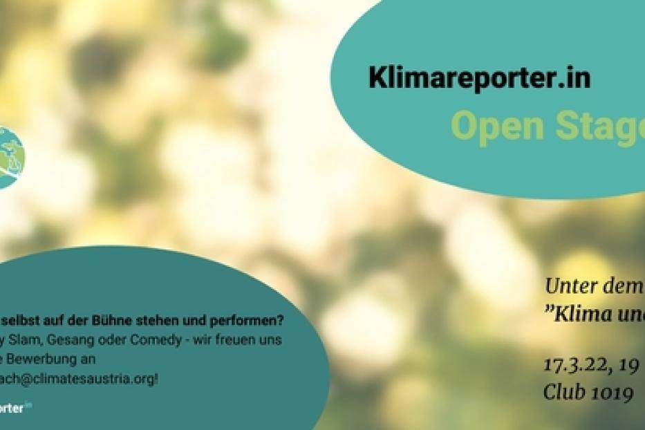 Ein Mikrofon mit einem Globus-Muster wirbt für die „Klimareporter Open Stage“ am 17. März im Club 1019.