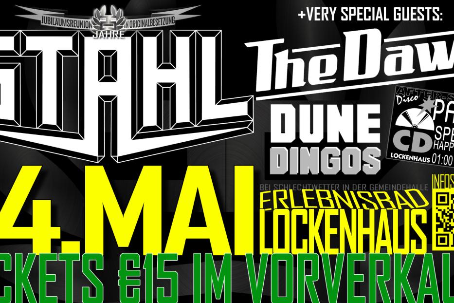 Ein Konzertplakat mit den Bands Stahl, The Dawn, Dune und Dingos am 14. Mai in Lockenhaus.