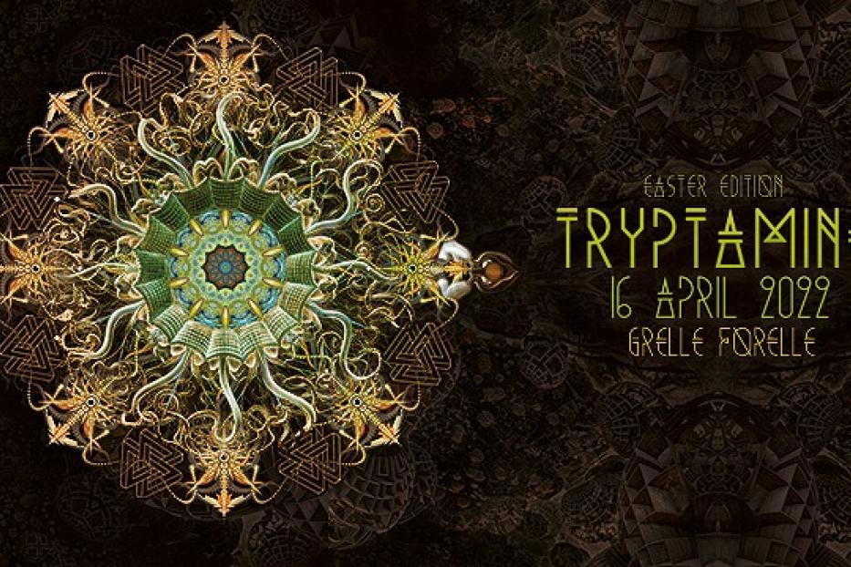 Ein psychedelisches Mandala-Design mit dem Text „Tryptamine, Easter Edition, 16. April 2022, Grelle Forelle“.
