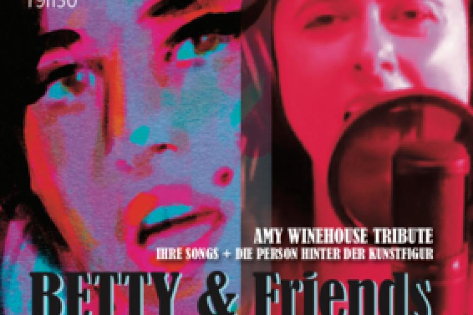 Ein Veranstaltungsplakat für ein Amy Winehouse-Tributkonzert mit „Betty & Friends“ im Roten Salon in Wien.