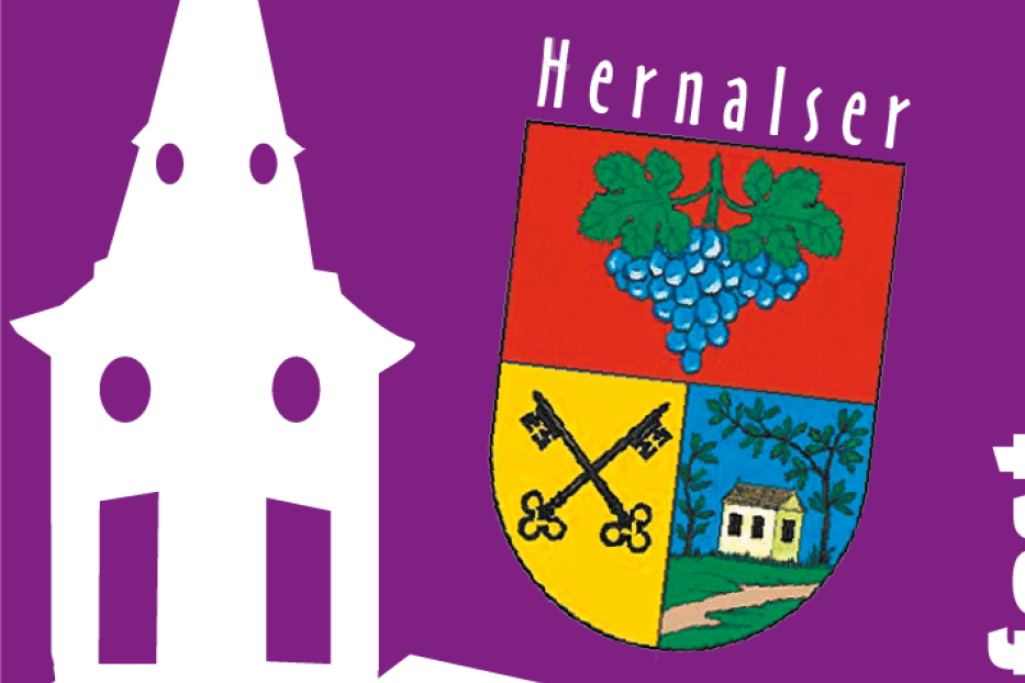 Das Wappen von Hernalser Kalvarienberg mit Kirche und Weintrauben.