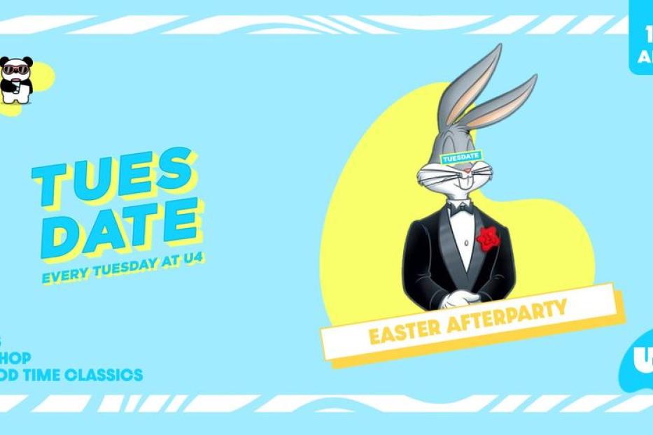 Ein Werbeplakat für eine „Tuesday Date“-Party mit Bugs Bunny im Smoking am 19. April.