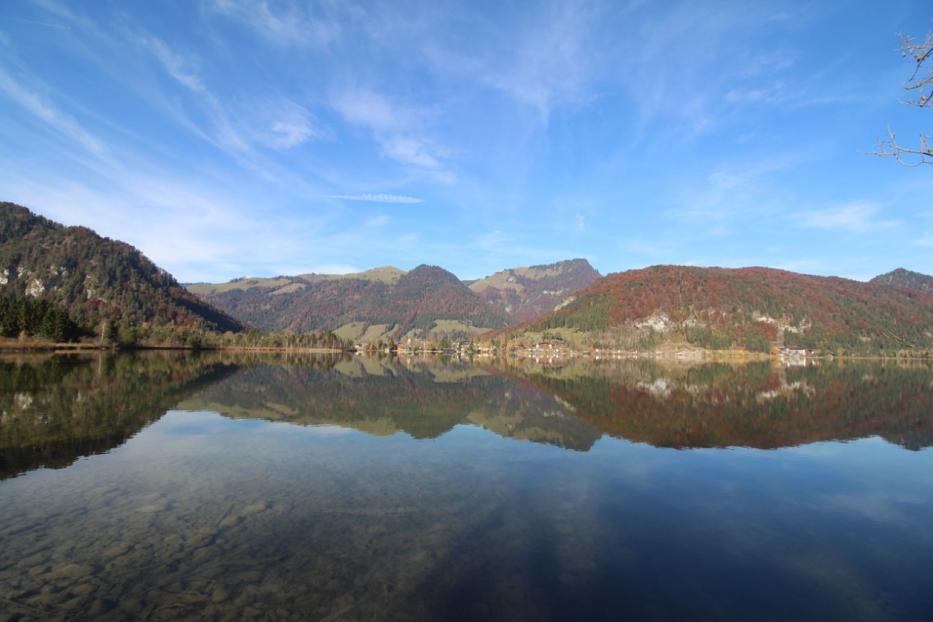 Der Thiersee in Tirol spiegelt die umliegenden bewaldeten Berge wider.