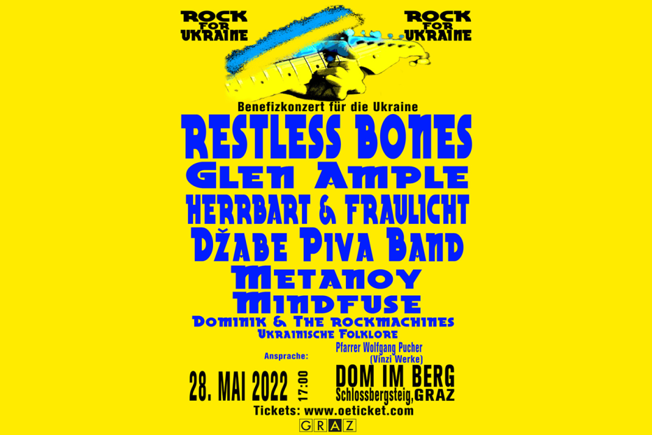 Plakat für ein Benefizkonzert „Rock for Ukraine“ am 28. Mai 2022 im Dom im Berg, Graz.