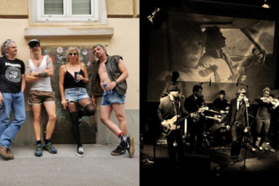Eine Band posiert vor einer Wand, während eine andere Band auf einer Bühne im Hintergrund spielt.