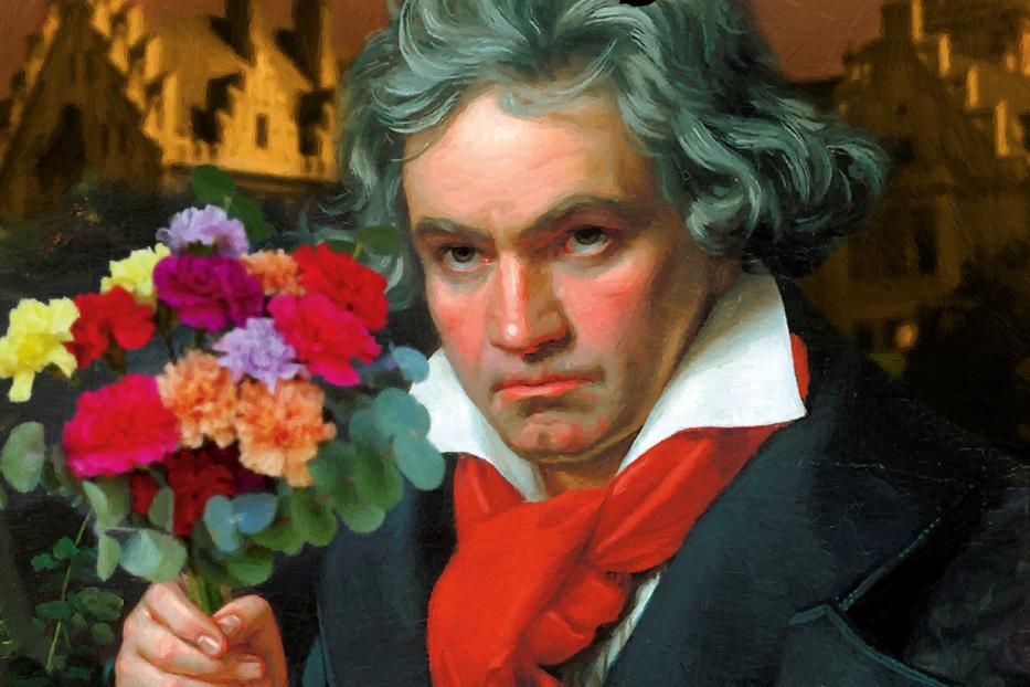 Ein Gemälde von Beethoven mit Tätowierungen, der einen Blumenstrauß hält und auf sein Handy schaut.