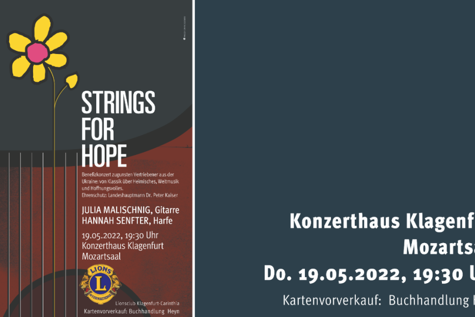 Werbeplakat für ein Benefizkonzert „Strings for Hope“ im Konzerthaus Klagenfurt am 19.05.2022.