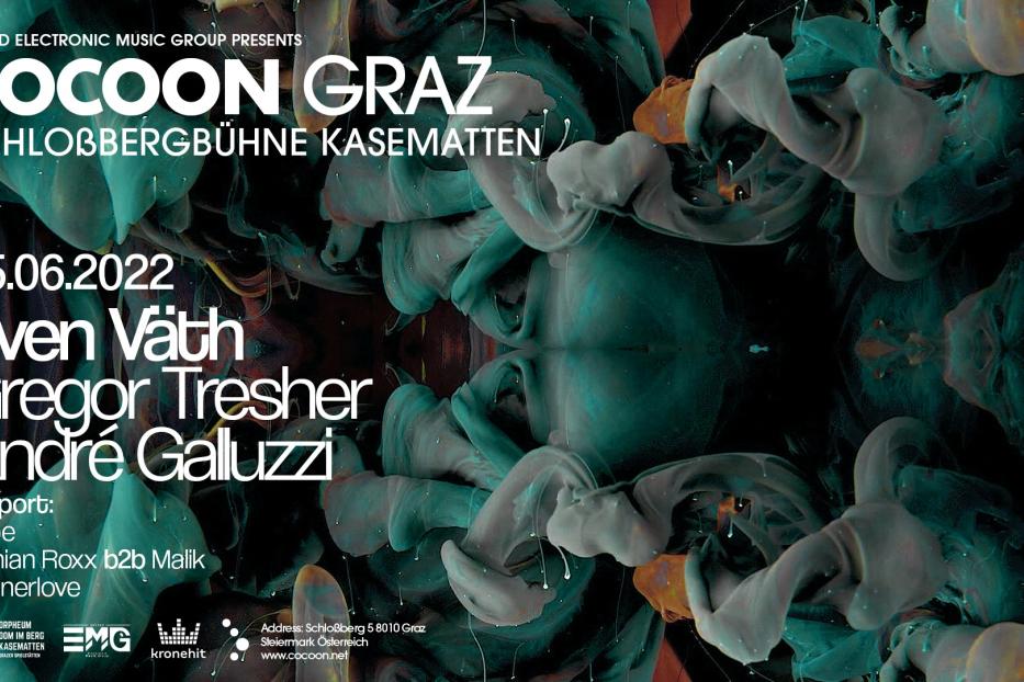 Ein Veranstaltungsplakat für „Cocoon Graz“ mit Sven Väth, Gregor Tresher und André Galluzzi am 25.06.2022.