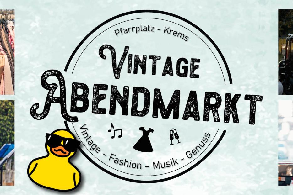 Collage für einen Vintage-Abendmarkt in Krems mit Mode, Musik und Essen.