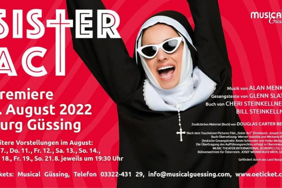 Werbeplakat für das Musical „Sister Act“ in Güssing mit einer als Nonne verkleideten Frau.