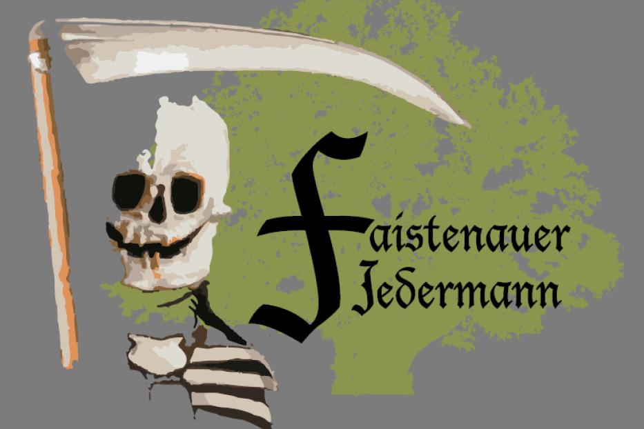 Eine stilisierte Darstellung des Todes mit Sense und dem Schriftzug „Faistenauer Jedermann“.