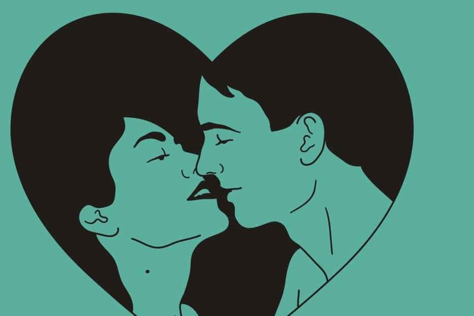 Ein Paar in einer herzförmigen Illustration, kurz vor einem Kuss.