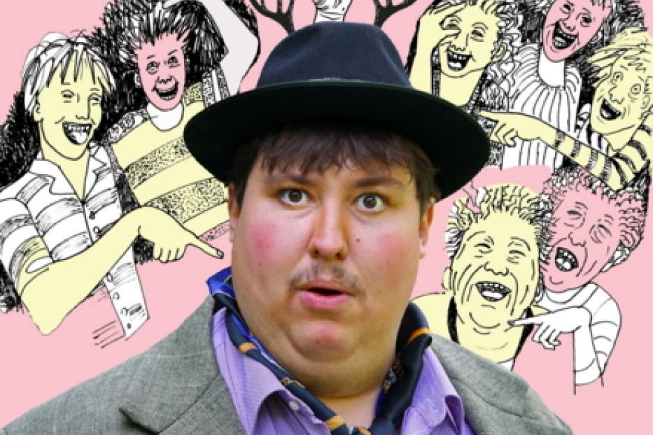 Ein Mann mit Hut und Schnurrbart, umgeben von lachenden, karikaturartigen Figuren.