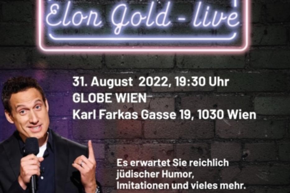 Ein Werbeplakat für „Elon Gold – live“ am 31. August 2022 im Globe Wien, mit dem Hinweis auf jüdischen Humor.