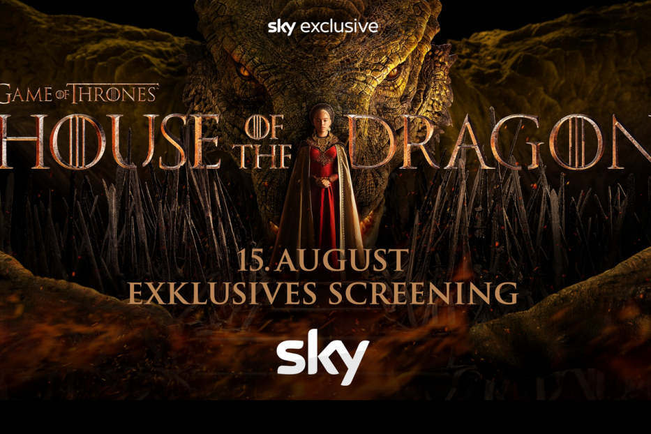 Eine Frau steht vor einem Drachen im Werbeplakat für „House of the Dragon“.