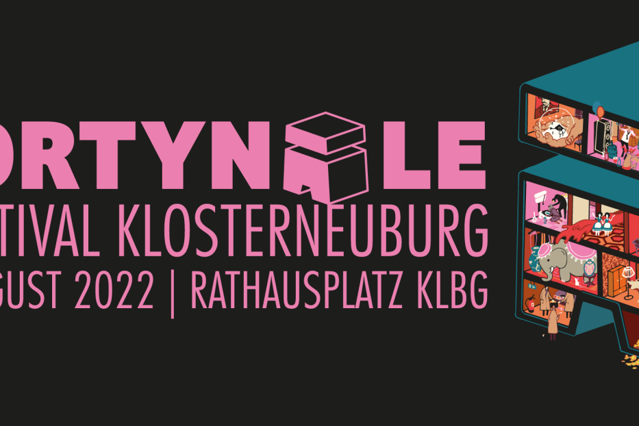 Das Plakat für das Shortynale Filmfestival Klosterneuburg 2022 zeigt ein skurriles, mehrstöckiges Gebäude.