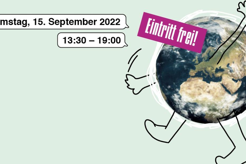 Eine stilisierte Erdkugel mit Beinen und Armen kündigt einen kostenlosen Eintritt am 15. September 2022 an.