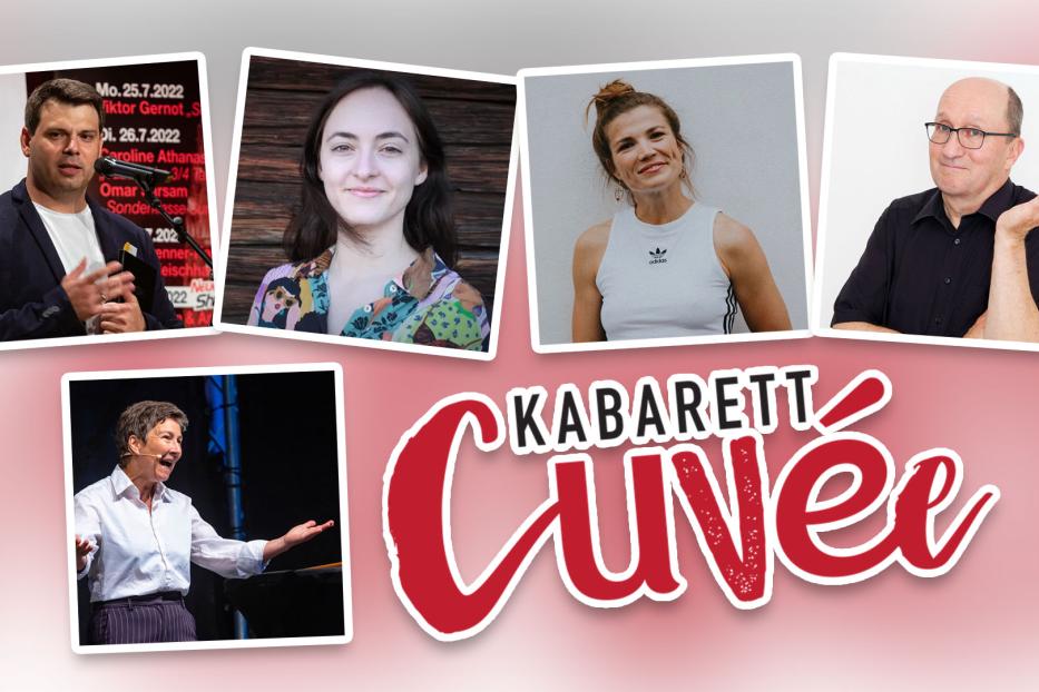 Collage mit Porträts von Viktor Gernot, Caroline Athanasiadis und anderen Künstlern für „Kabarett Cuvée“.