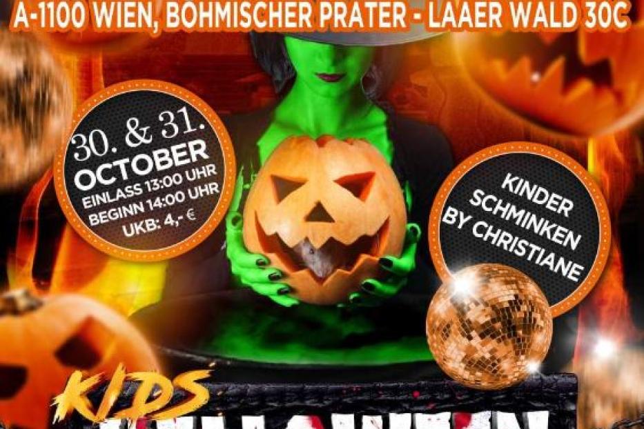 Eine grüne Hexe hält einen Kürbis auf einem Werbeplakat für eine Halloween-Party im Böhmischen Prater.