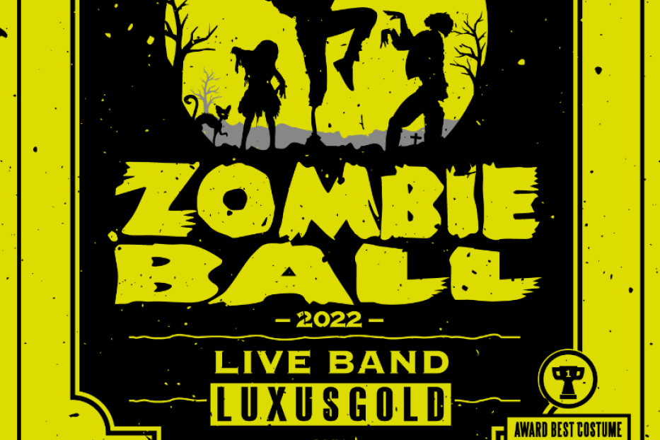 Gelbes und schwarzes Werbeplakat für den Zombie Ball 2022 im Kulturkeller Gleisdorf.