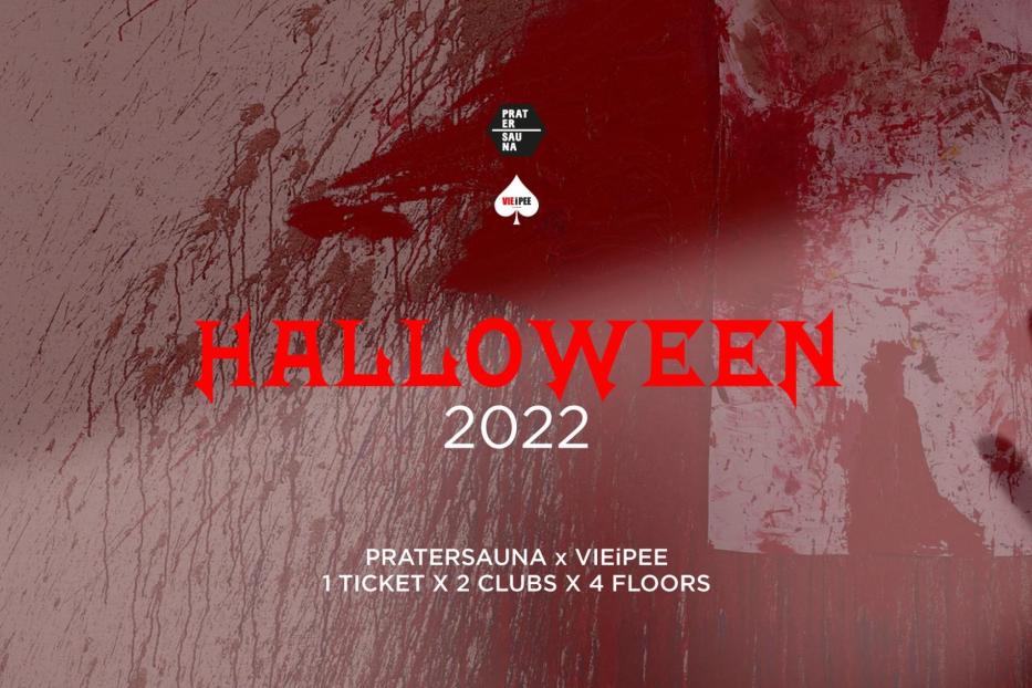 Ein Halloween-Partyplakat für 2022 mit rotem Text und Blutspritzern im Hintergrund.