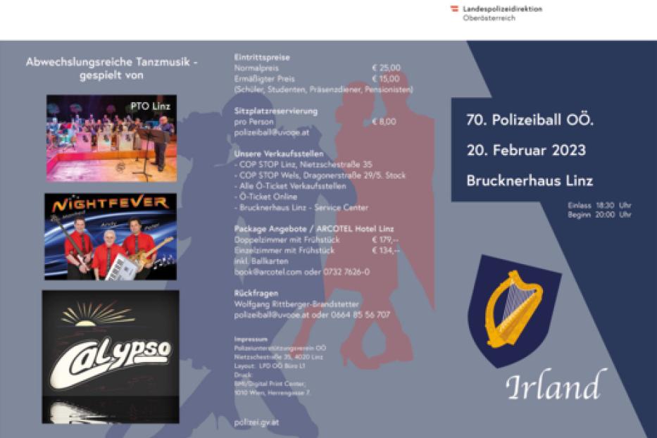 Werbeplakat für den 70. Polizeiball OÖ am 20. Februar 2023 im Brucknerhaus Linz mit Musik von PTO Linz, Nightfever und Calypso.