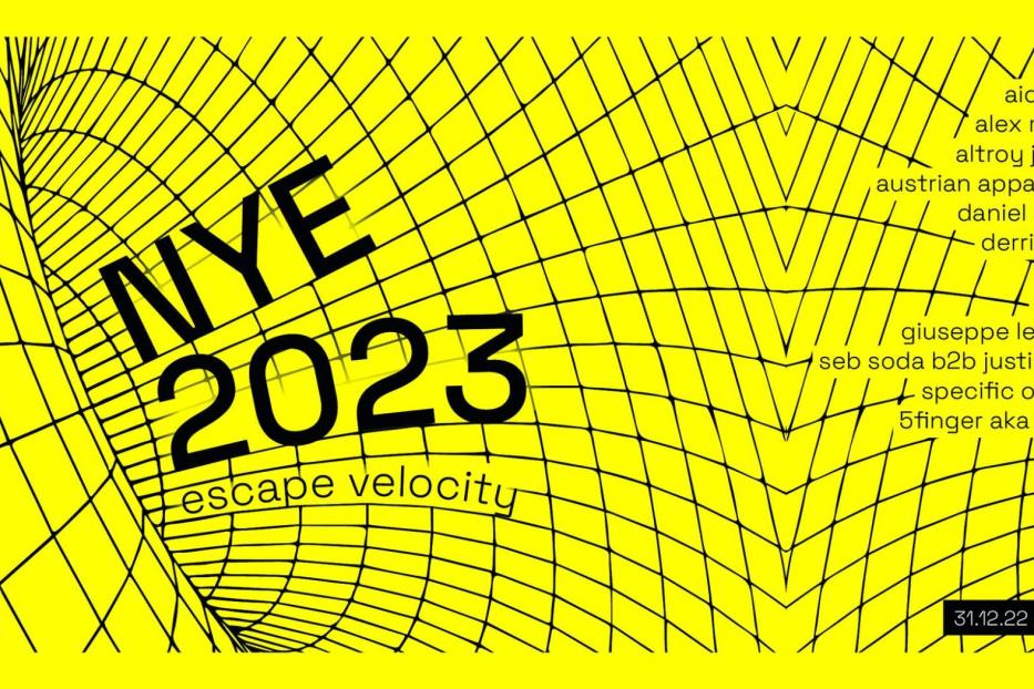 Gelbe Grafik für „NYE 2023“ mit dem Titel „Escape Velocity“ und einer Liste von Künstlern.