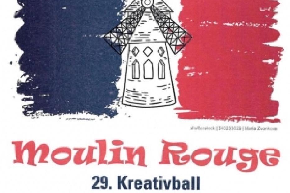 Eine stilisierte Darstellung der französischen Flagge mit einer Windmühle und dem Schriftzug „Moulin Rouge“.