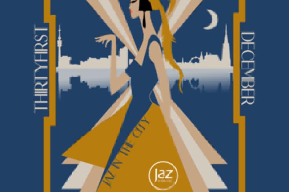 Ein Art-Déco-Poster für eine Silvesterparty im „Jaz in the City“ am 31. Dezember.