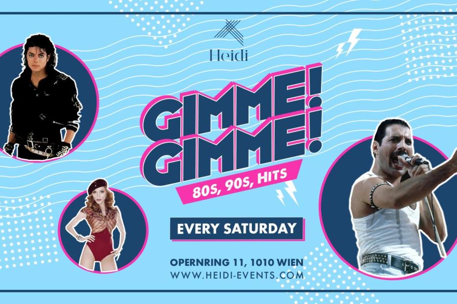 Werbung für eine Party mit Musik der 80er und 90er Jahre mit Michael Jackson, Freddie Mercury und Madonna.