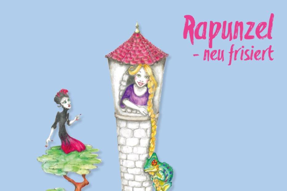 Eine Illustration von Rapunzel in ihrem Turm, mit einem Chamäleon an ihrem Zopf.