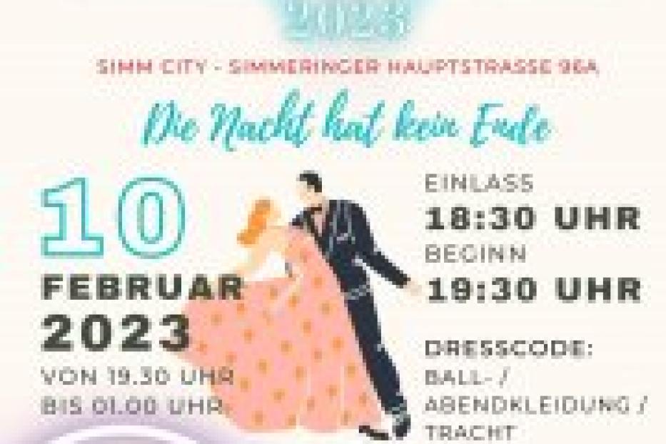Ein Werbeplakat für den Simmeringer Ball 2023 mit tanzendem Paar.