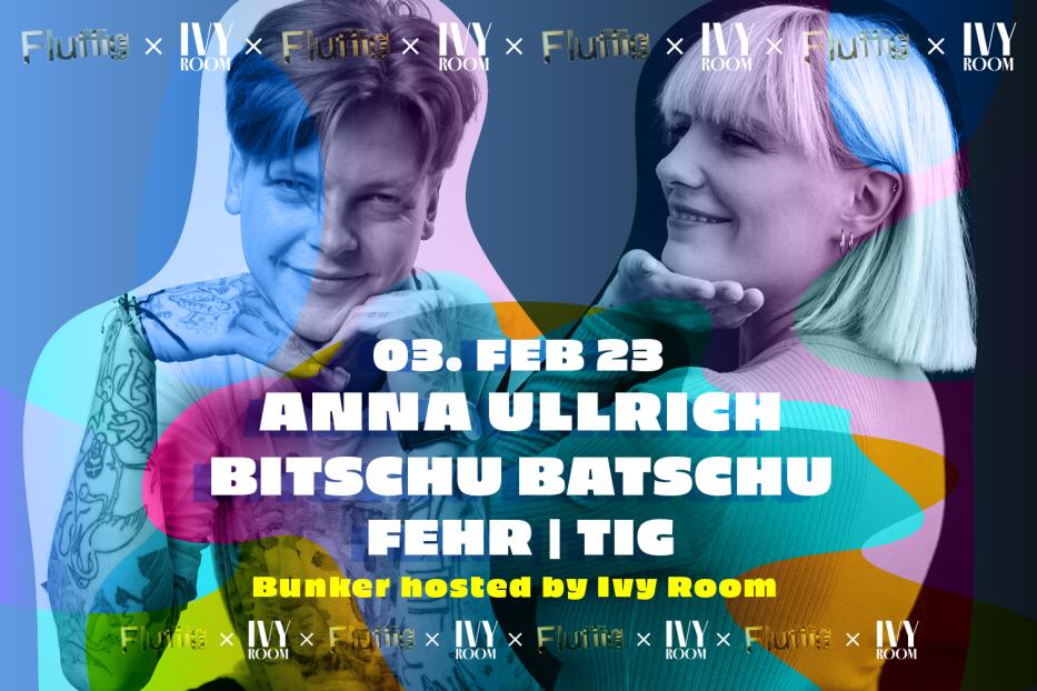 Werbeplakat für eine Party mit Anna Ullrich, Bitschu Batsu und Fehr | Tig im Pratersauna.