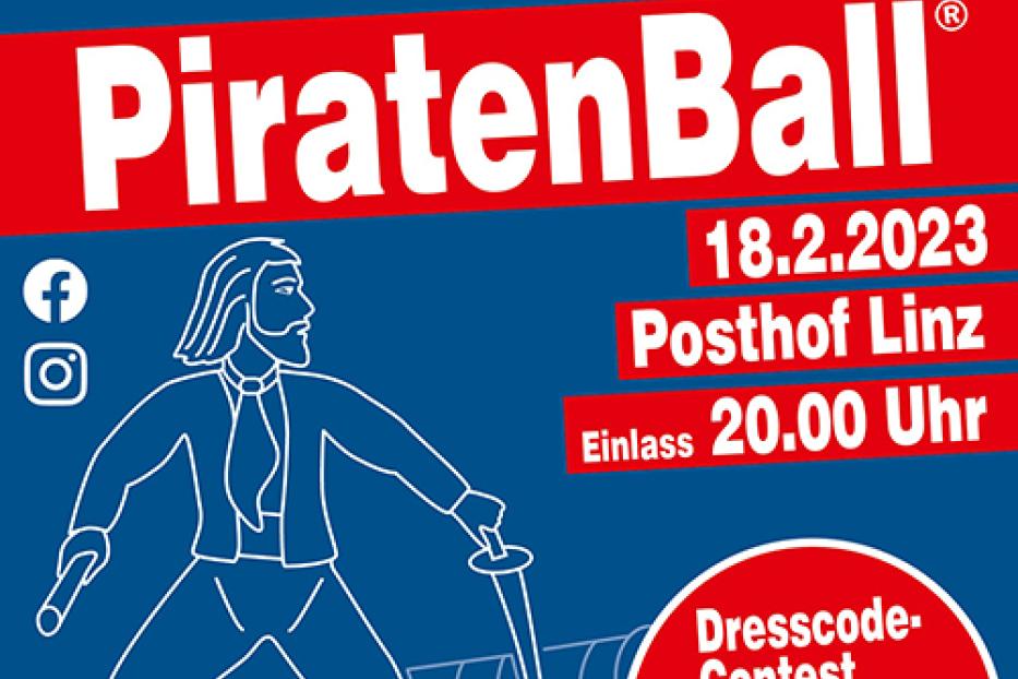 Werbeplakat für den Piratenball am 18. Februar 2023 im Posthof Linz.